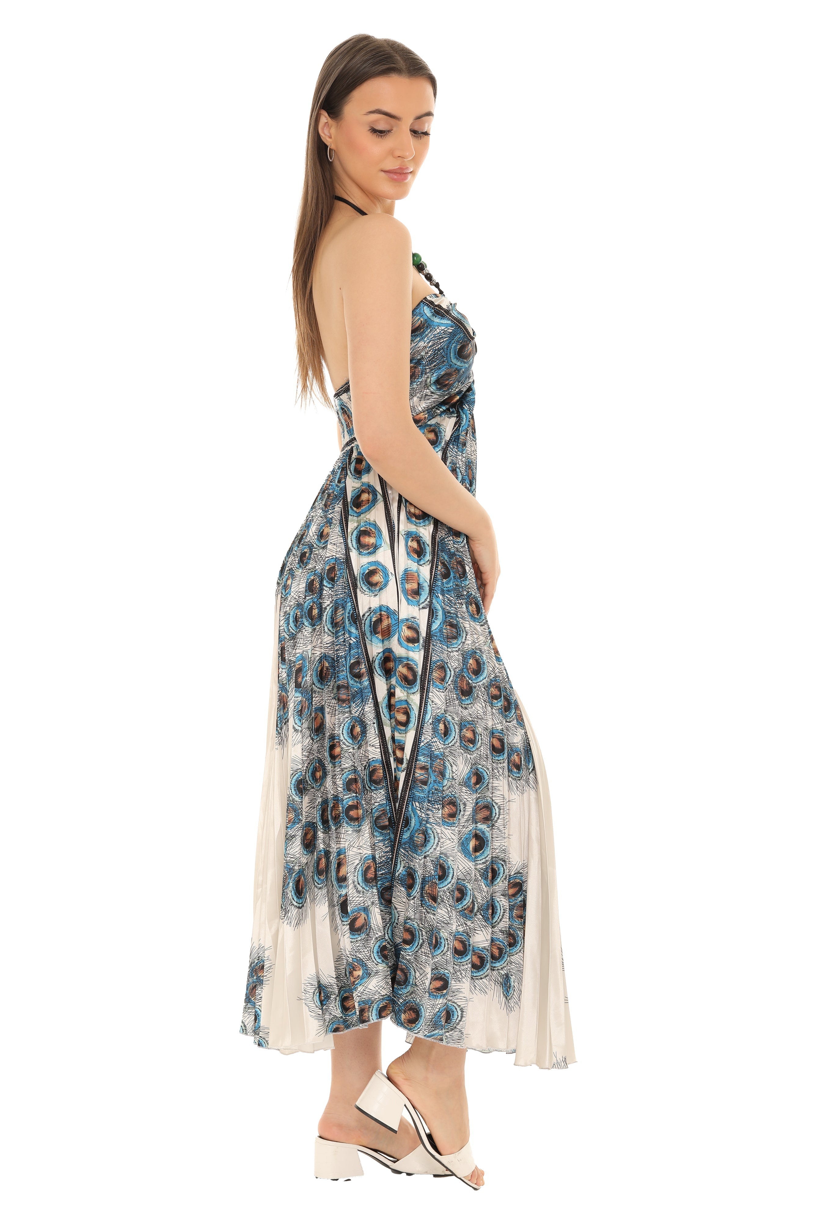 Peacock Pleated Maxi Halter Dress - Shoreline Wear, Inc.