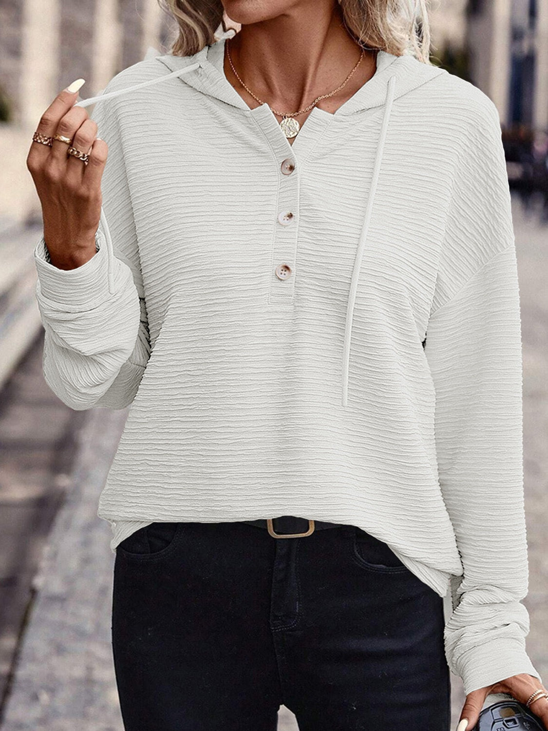 Drawstring Quarter Button Long Sleeve Hoodie - Charming Charlie