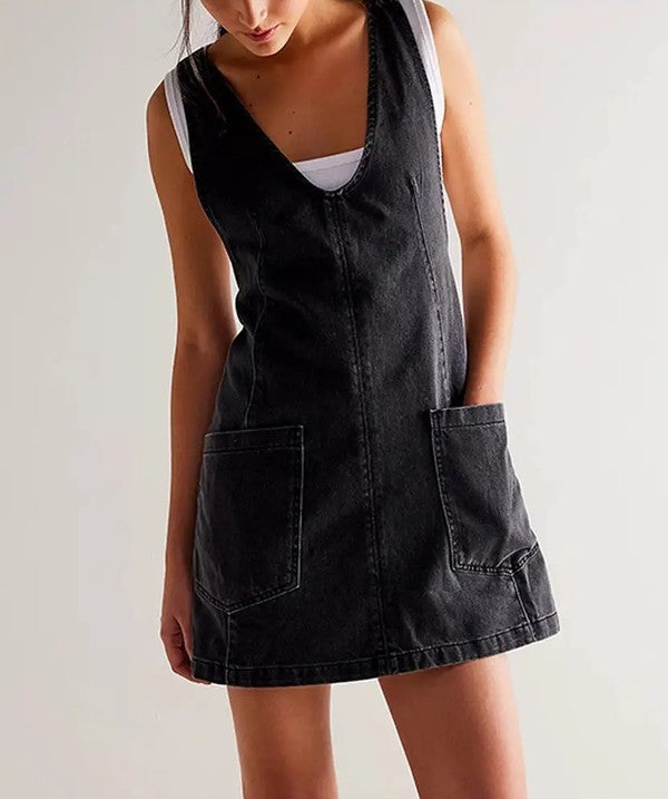 Denim scoop neck overall dress - Charming Charlie