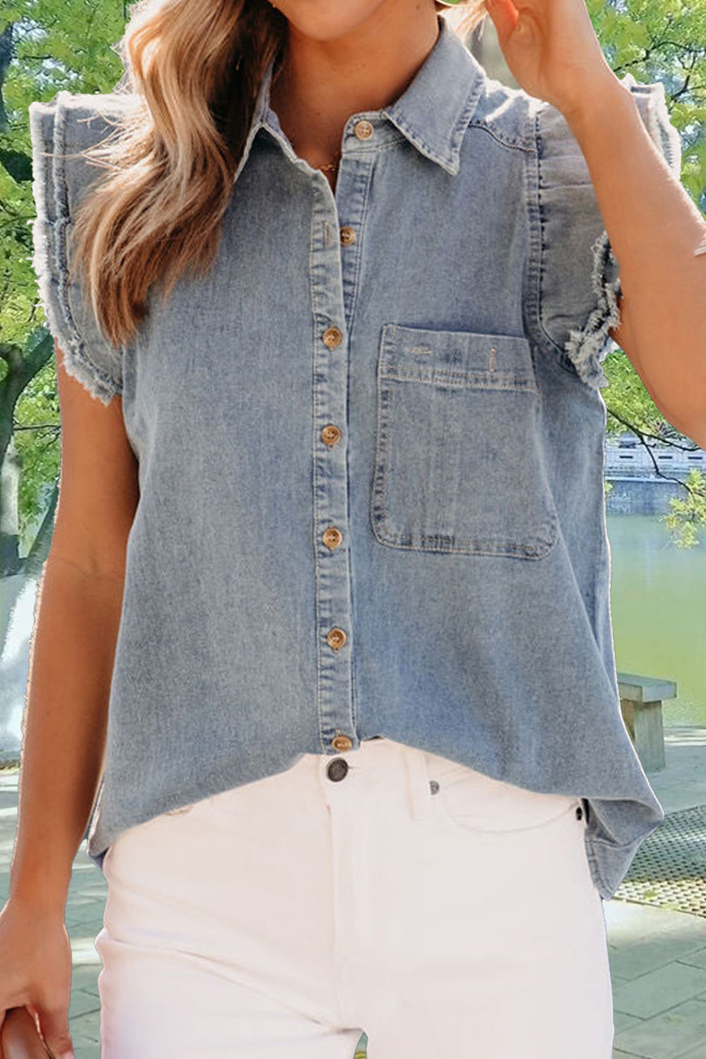 Raw Hem Button Up Cap Sleeve Denim Top - Charming Charlie