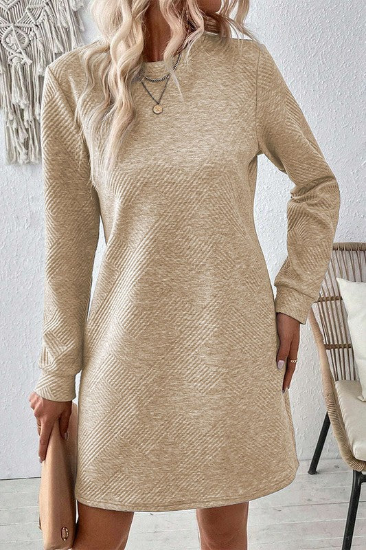 Women Solid Color Textured Long Sleeve Shift Dress - Apricot / S Women Solid Color Textured Long Sleeve Shift Dress - Apricot / S