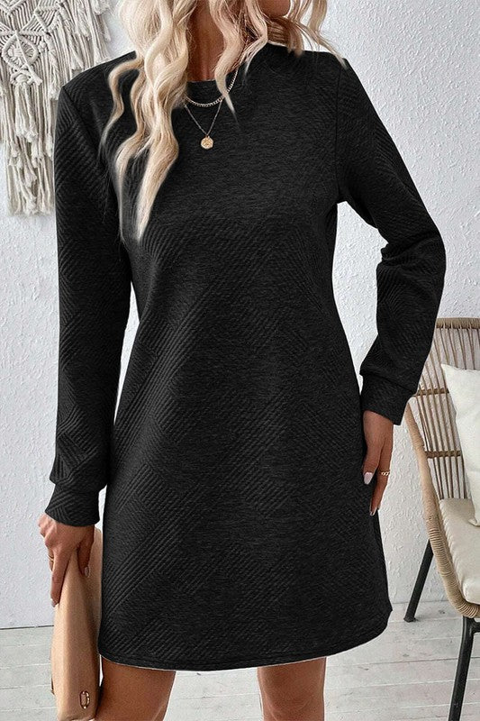 Women Solid Color Textured Long Sleeve Shift Dress - Black / S Women Solid Color Textured Long Sleeve Shift Dress - Black / S