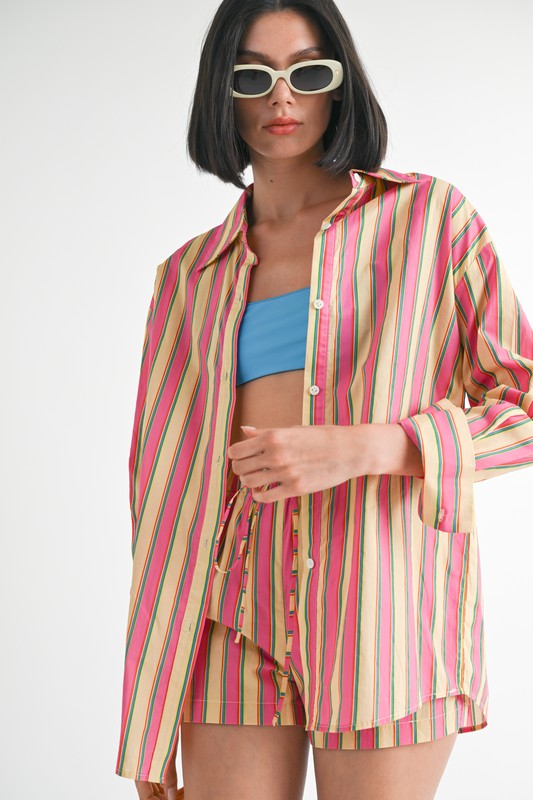BUTTON UP OVERSIZED COLLARED STRIPE SHIRT - Charming Charlie