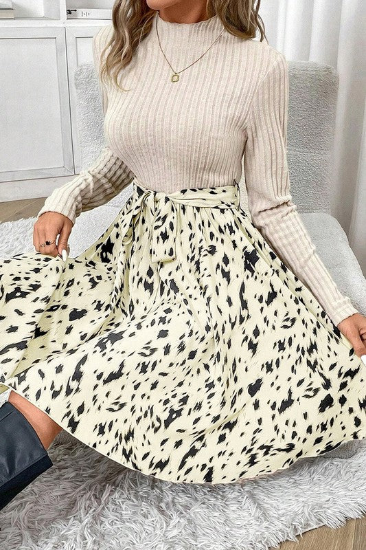 Beige Ribbed Knit Patchwork Printed Belted A-line Dress Beige / L / 85%Polyester+10%Viscose+5%Elastane Beige Ribbed Knit Patchwork Printed Belted A-line Dress Beige / L / 85%Polyester+10%Viscose+5%Elastane