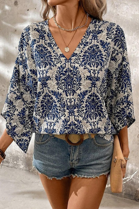 Women Flower Tree Quarter Sleeve V Neck Blouse - Charming Charlie