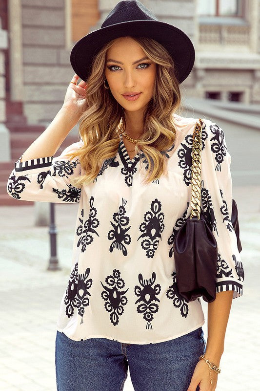 Women Geometric Printed 3/4 Sleeve V Neck Blouse - Charming Charlie