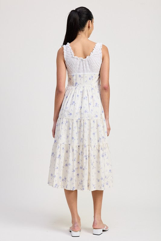 MIXED MEDIA EYELET PEEKABOO MIDI DRESS IVORY BLUE FLORAL / S MIXED MEDIA EYELET PEEKABOO MIDI DRESS IVORY BLUE FLORAL / S