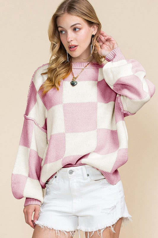 Women Checkered Bishop Sleeve Sweater - Charming Charlie