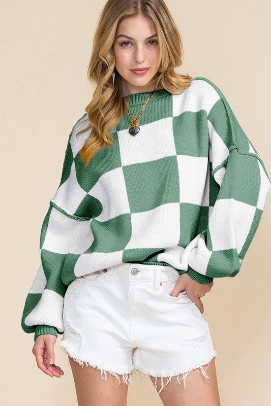 Women Checkered Bishop Sleeve Sweater - Charming Charlie
