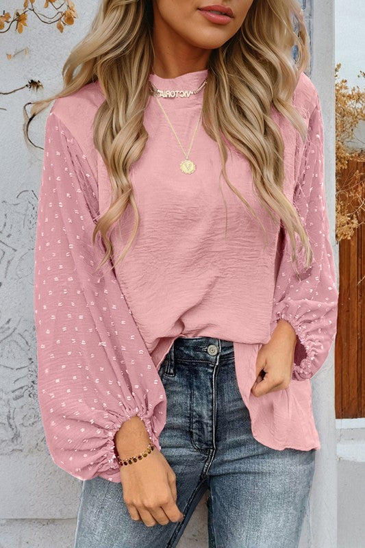 Women Swiss Dot Balloon Sleeve Loose Blouse - Charming Charlie