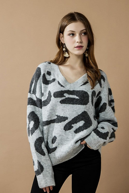 Fuzzy Mohair Jacquard V-Neck Leopard Sweater – Charming Charlie
