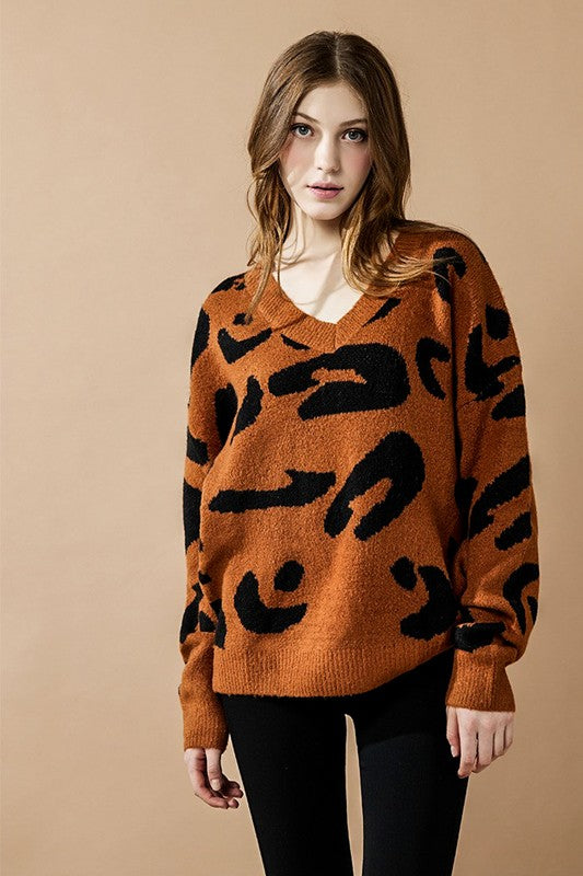 Fuzzy Mohair Jacquard V-Neck Leopard Sweater – Charming Charlie