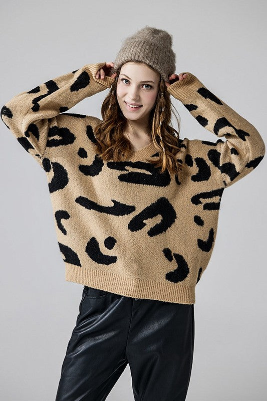 Fuzzy Mohair Jacquard V-Neck Leopard Sweater – Charming Charlie