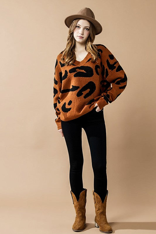 Fuzzy Mohair Jacquard V-Neck Leopard Sweater – Charming Charlie