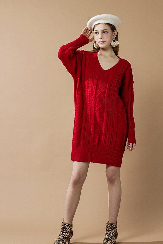 V-Neck Ribbed Hem Cable Knit Sweater Dress Black / L