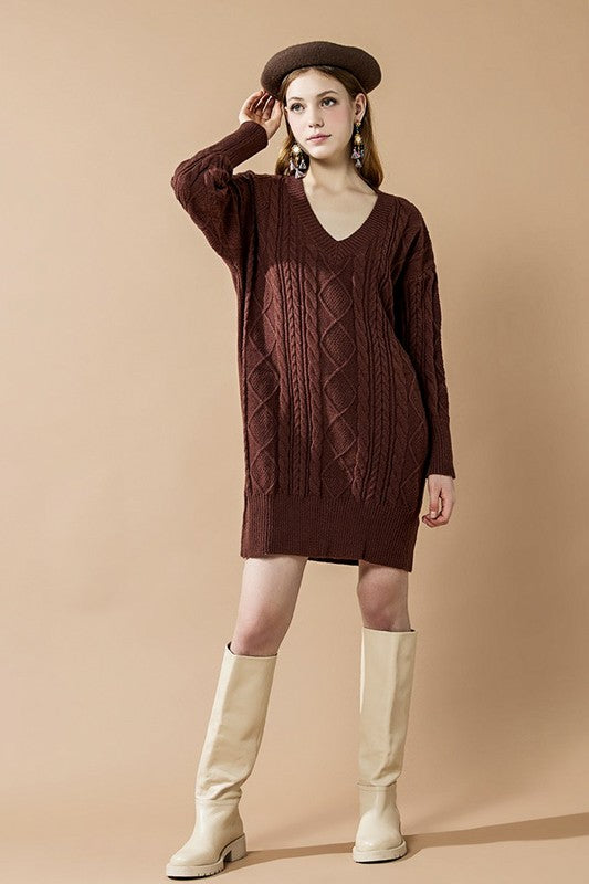 V-Neck Ribbed Hem Cable Knit Sweater Dress Black / L