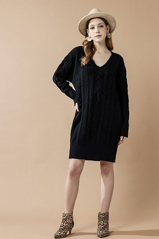 V-Neck Ribbed Hem Cable Knit Sweater Dress Sand / M