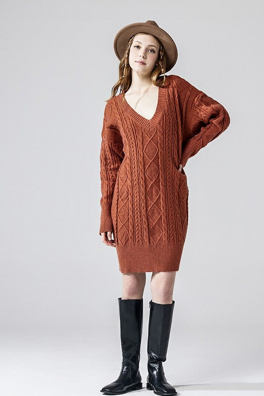 V-Neck Ribbed Hem Cable Knit Sweater Dress Black / L V-Neck Ribbed Hem Cable Knit Sweater Dress Black / L