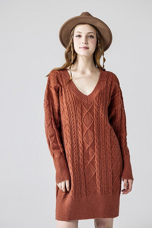 V-Neck Ribbed Hem Cable Knit Sweater Dress Black / L V-Neck Ribbed Hem Cable Knit Sweater Dress Black / L