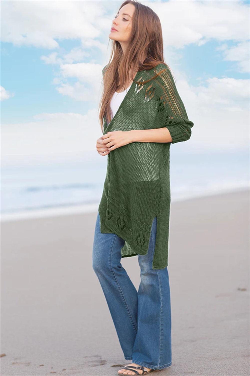 Openwork Side Slit Open Front Long Sleeve Cardigan – Charming Charlie