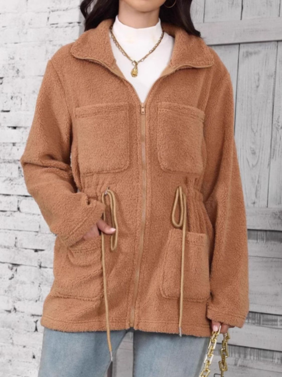 Drawstring Zip Up Long  Sleeve Hooded Jacket