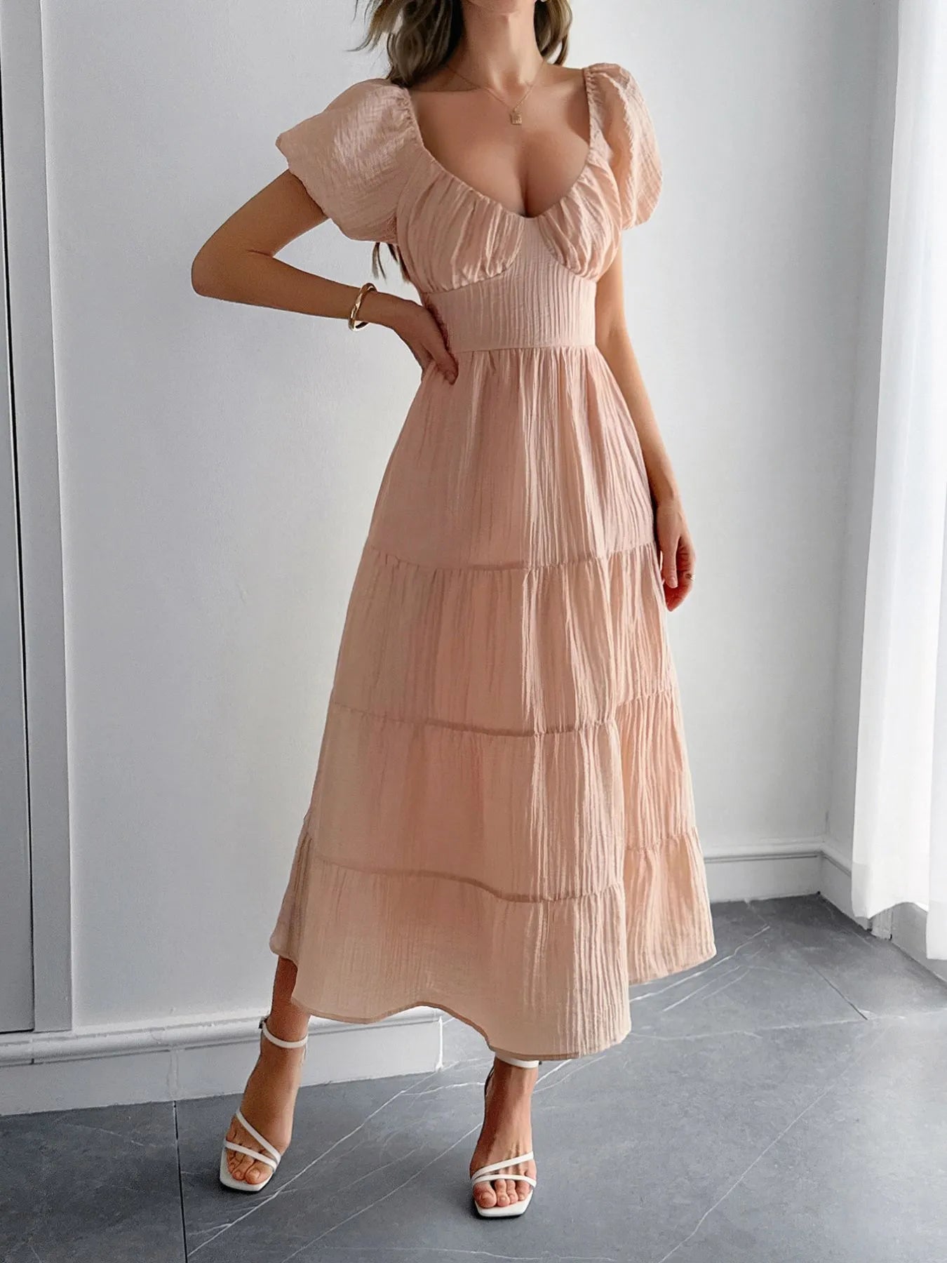 Backless Tiered Puff Sleeve Midi Dress Charming Charlie Backless Tiered Puff Sleeve Midi Dress Charming Charlie