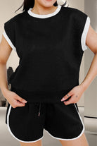 Contrast Trim Round Neck Top and Shorts Set - Charming Charlie