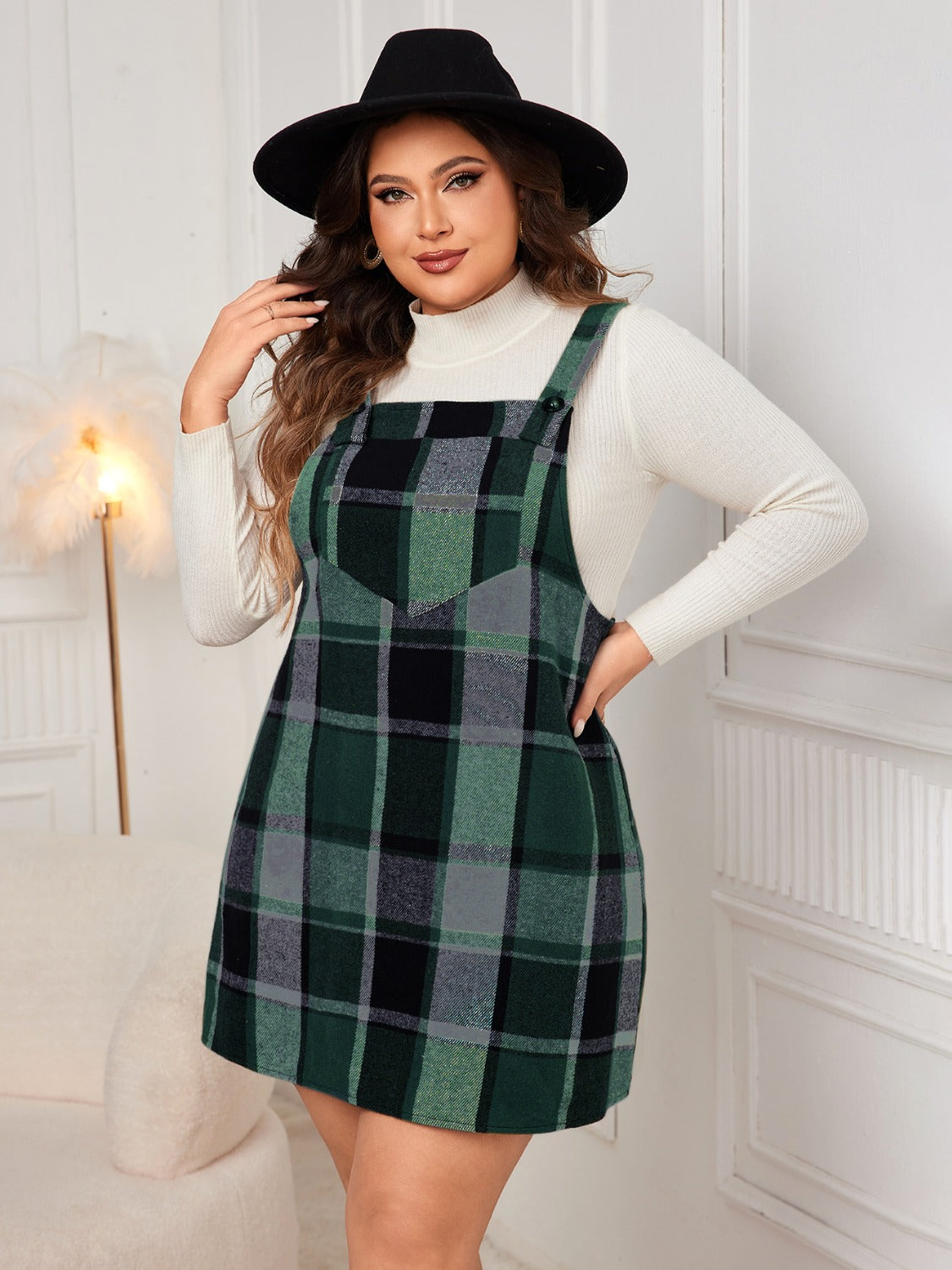 Plus Size Plaid Wide Strap Overall Dress Dark Green / 4XL