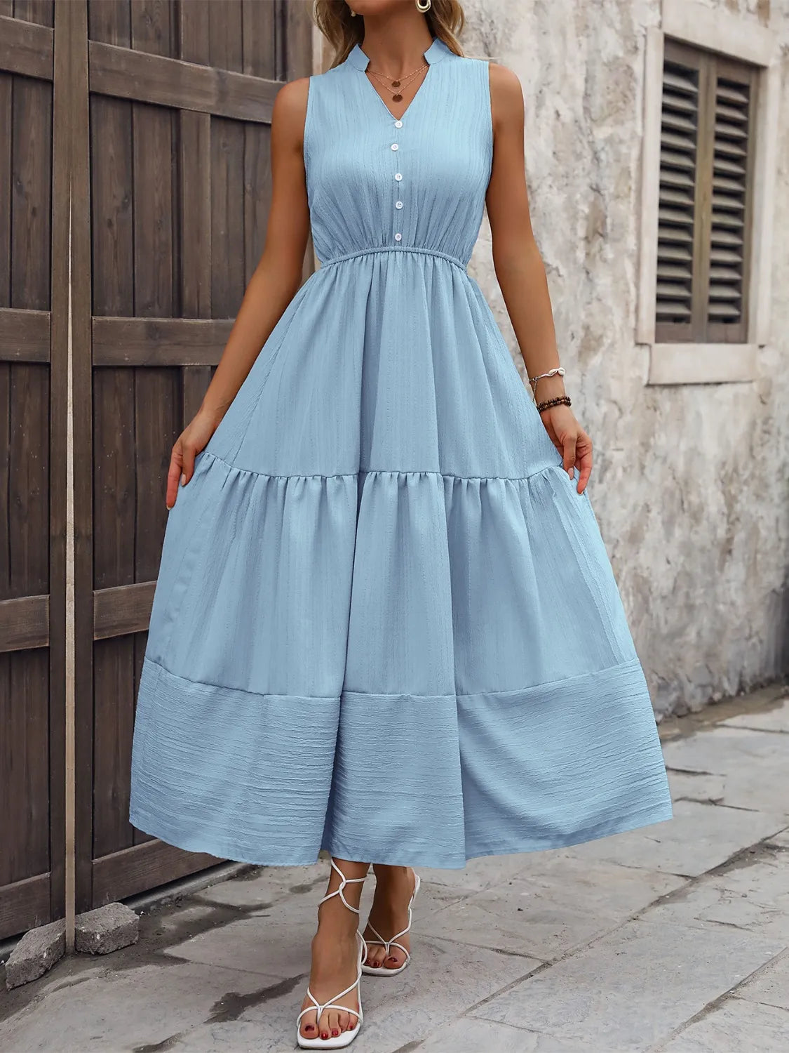 Notched Sleeveless Maxi Tank Dress Light Blue / XL