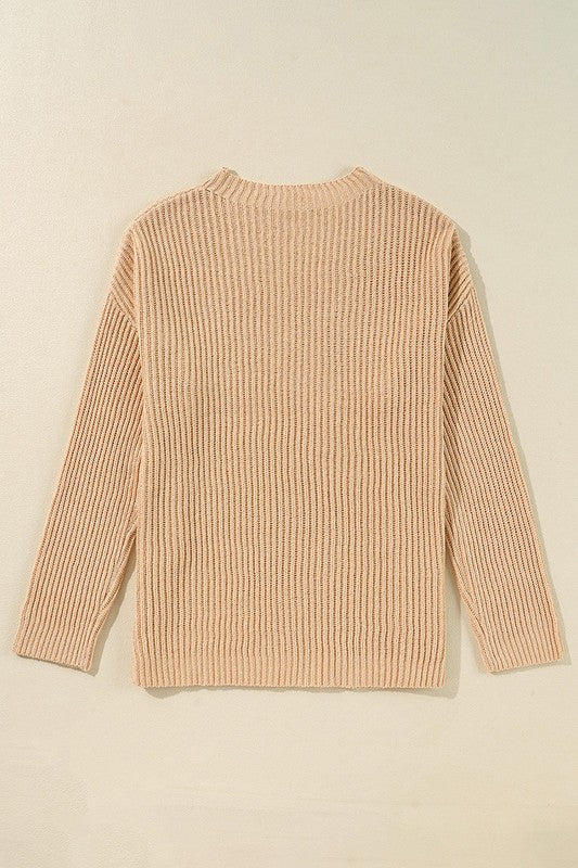 SY32 Mサイズ　ベージュ　PANEL BORDER SWEATER Women Knit Drop Shoulder Side Slits Loose Sweater – Charming Charlie