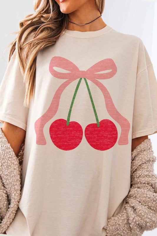 CHERRY BOW RIBBON OVERSIZED GRAPHIC TEE - Charming Charlie