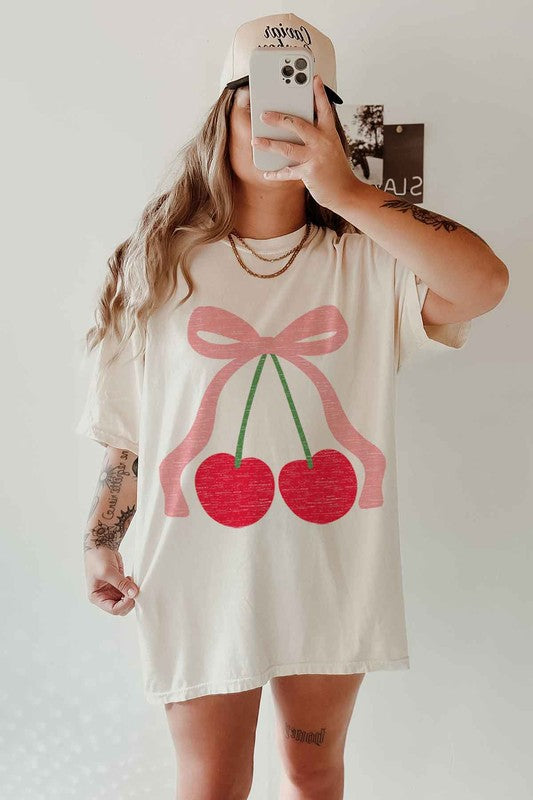 CHERRY BOW RIBBON OVERSIZED GRAPHIC TEE - Charming Charlie