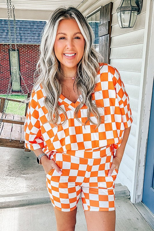 Checkerboard V Neck Tee and Shorts Lounge Set