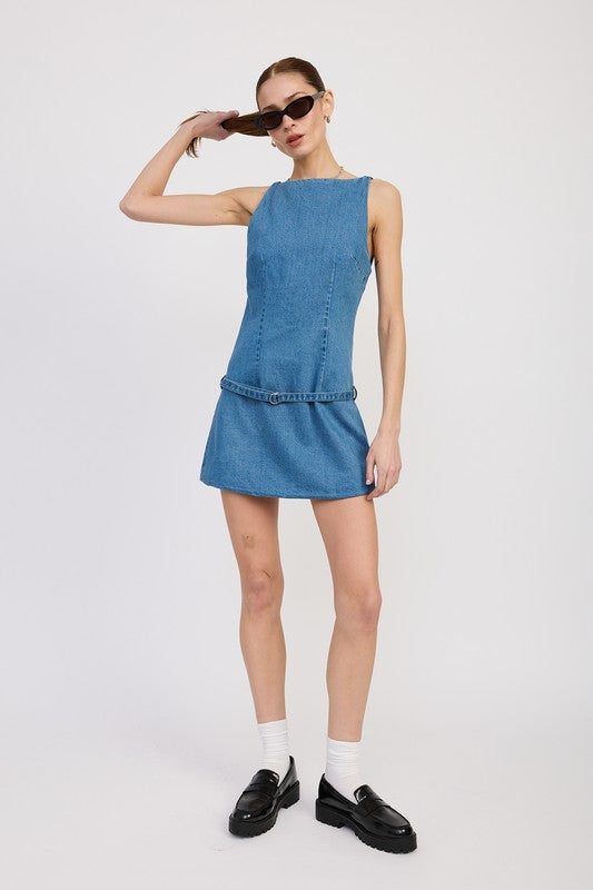 DENIM MINI DRESS WITH LOW WAIST BELT True BLUE / L