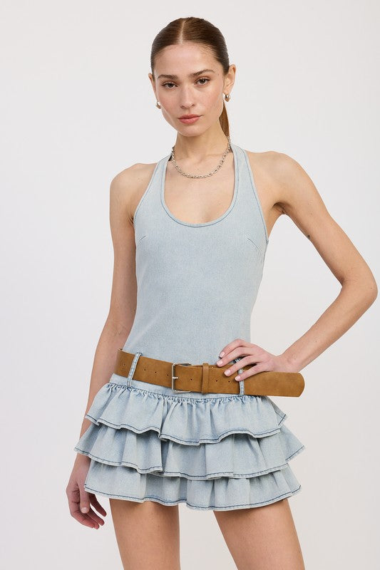 TIERED MINI DRESS WITH HALTER NECK AND BELT – Charming Charlie