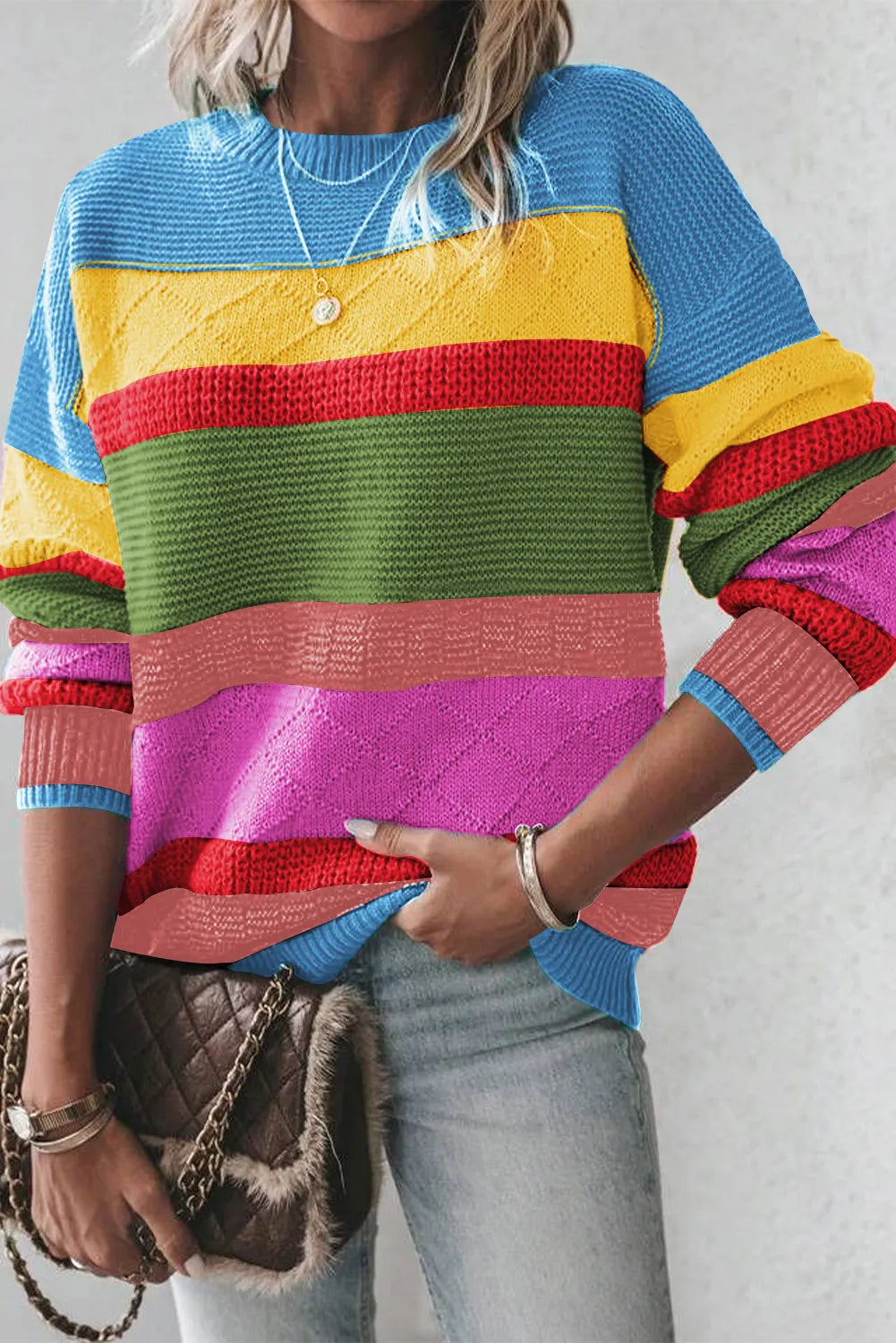 Contrast Round Neck Dropped Shoulder Sweater - Charming Charlie