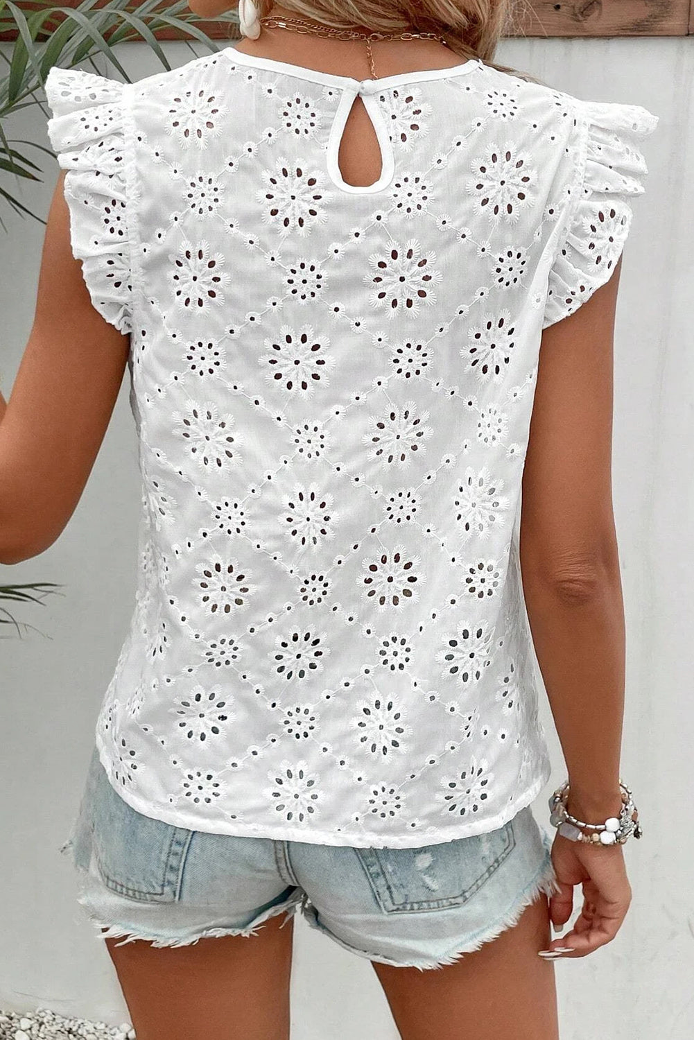 Eyelet Round Neck Cap Sleeve Blouse - Charming Charlie