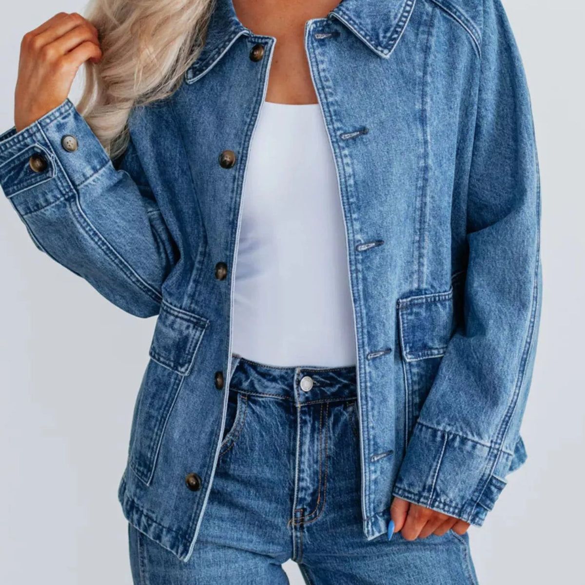 Button Up Raglan Sleeve Denim Jacket – Charming Charlie