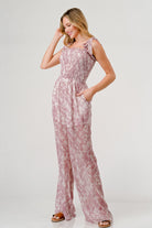 GeeGee Printed Tie Shoulder Wide Leg Jumpsuit - Charming Charlie