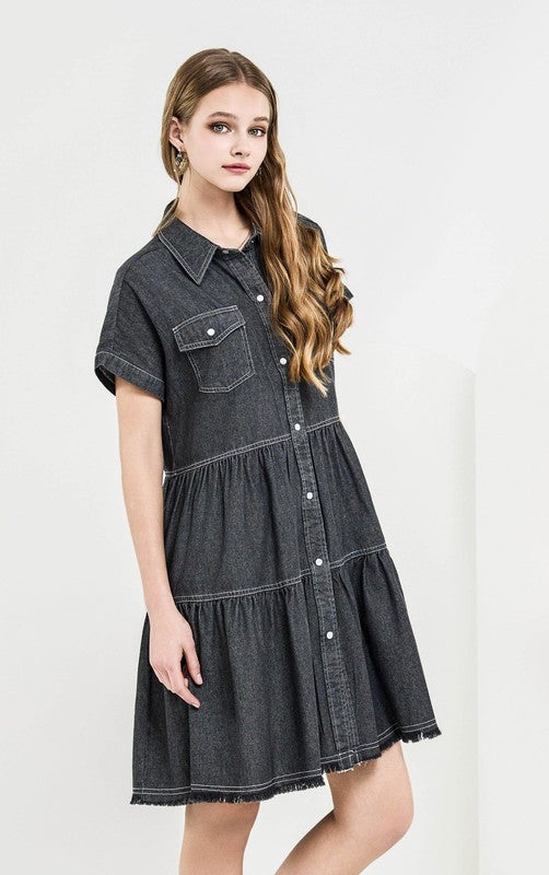 babydoll shirt dress Plus ButtonDown Tiered Babydoll Denim Shirt Dress Charcoal Chambray / XL