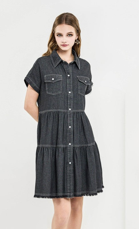babydoll shirt dress Plus ButtonDown Tiered Babydoll Denim Shirt Dress Lt.Denim / XL
