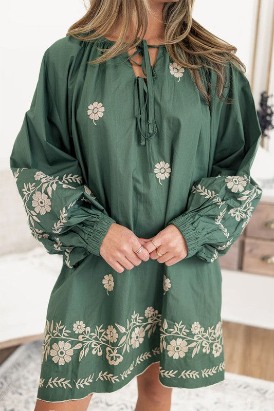 Mist Green Tie Neck Boho Floral Pattern Puff Sleeve Shift Dress Mist Green / XL / 100%Polyester Mist Green Tie Neck Boho Floral Pattern Puff Sleeve Shift Dress Mist Green / XL / 100%Polyester