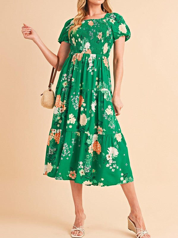 Short Sleeve Green Floral Casual Midi Dress Green / Small Short Sleeve Green Floral Casual Midi Dress Green / Small