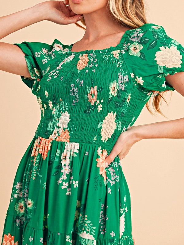 Short Sleeve Green Floral Casual Midi Dress Green / Small