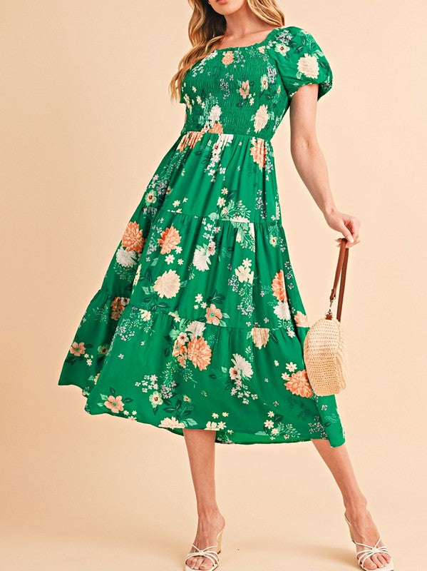 Short Sleeve Green Floral Casual Midi Dress Green / Small