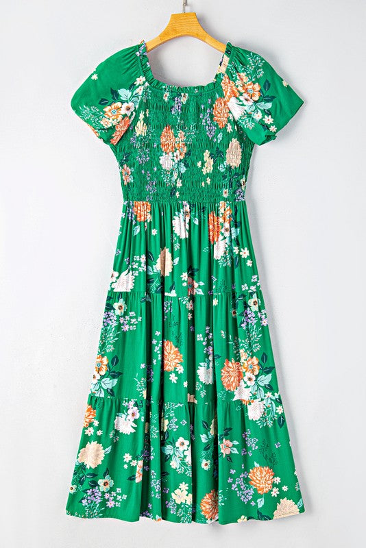 Short Sleeve Green Floral Casual Midi Dress Green / Small Short Sleeve Green Floral Casual Midi Dress Green / Small