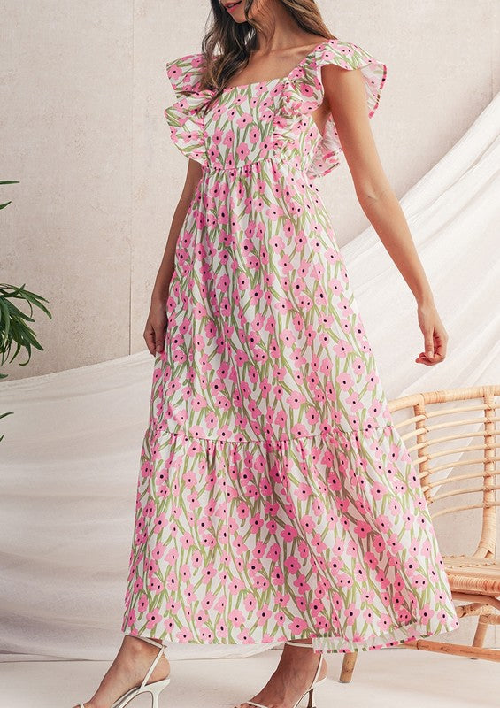 pink square neck dress Floral Print Square Neck Ruffled Strap Maxi Dress Pink / XL / 100%Polyester