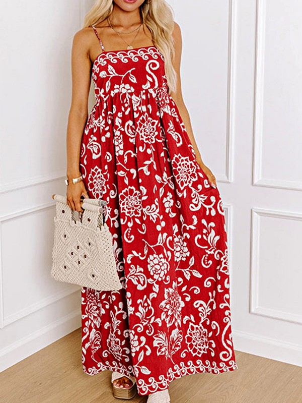 Red Floral Spaghetti Strap Empire Waist Maxi Dress – Charming Charlie