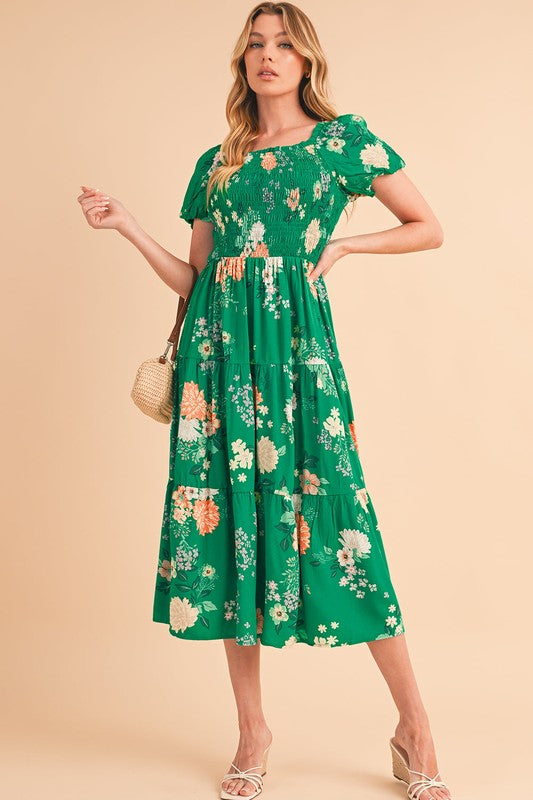 Short Sleeve Green Floral Casual Midi Dress Green / Large Short Sleeve Green Floral Casual Midi Dress Green / Large