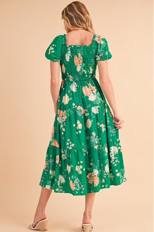 Short Sleeve Green Floral Casual Midi Dress Green / Large